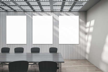 Modern minimalistic concrete and wooden meeting room interior with mock up frames on wall, window shadows and white table. Law, legal and consulting concept. 3D Renderingの写真素材