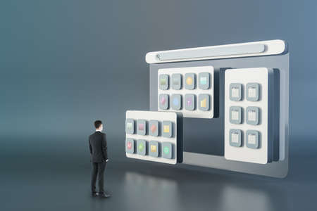 Mobile application and site concept. Thoughtful young businessman looking at universal user interface with search bar on blue background with mock up placeの写真素材