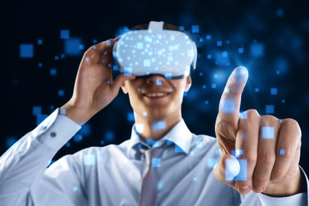 VR and cyberspace concept with young man in white shirt wearing modern headset touching metaverse virtual screen with digital pixels.の写真素材