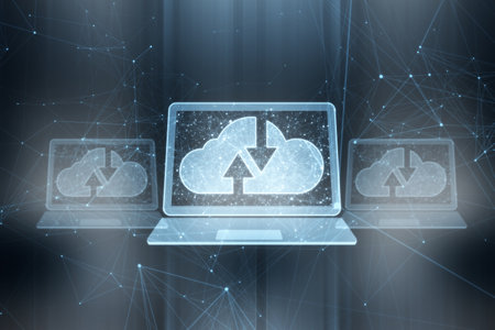 Abstract polygonal digital laptop with cloud computing hologram on blurry interior background....