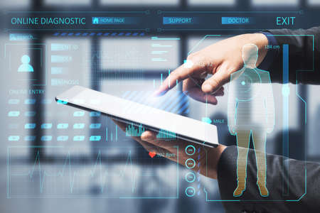 Close up of businessman hands pointing at smartphone with creative glowing medical interface hologram on blurry interior background. Medicine, online technology and future healthcare concept. double exposureの写真素材