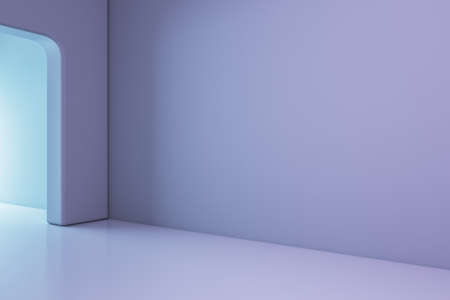 Perspective view on the corner in empty room with sunlit entrance and blank light purple wall with...