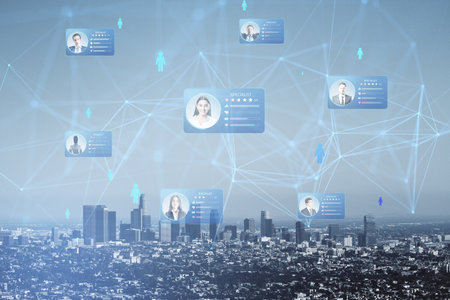 Human resource management concept. CV online to choose the perfect employee for business. Modern technologies for simplifying the human resources system. HR (human resources) technology. City skyline background with holograms. double exposureの写真素材