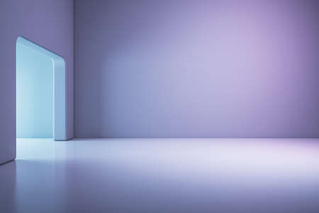 Light purple blank wall with place for your  text in empty hall area with glossy floor and sunlight from exit arch. 3D rendering, mockupの写真素材