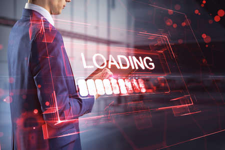 Businessman hand using tablet with abstract red loading denied access hologram on blurry office interior. Connection and crime concept. double exposureの写真素材