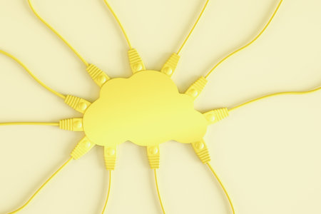 Abstract cables connected to yellow human brain on light background. Neuroscience and brain research concept. 3D Renderingの写真素材