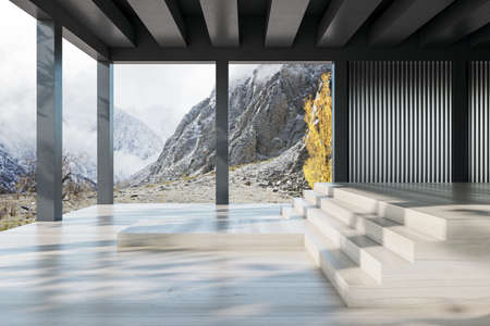 Bright clean concrete terrace or balcony interior with beautiful nature view and bright sky....