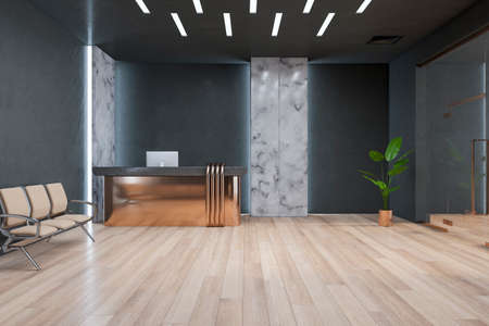 Luxury concrete, wooden and marble office lobby interior with shiny reception desk, seat and other objects. 3D Renderingの写真素材