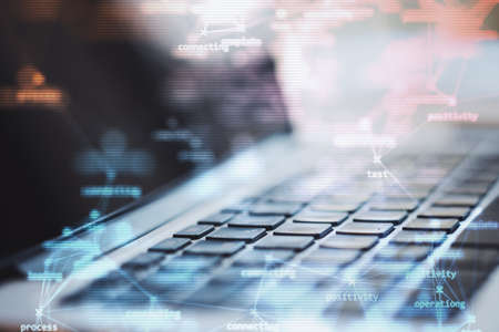 Abstract technology background with digital display and laptop keyboard, double exposure