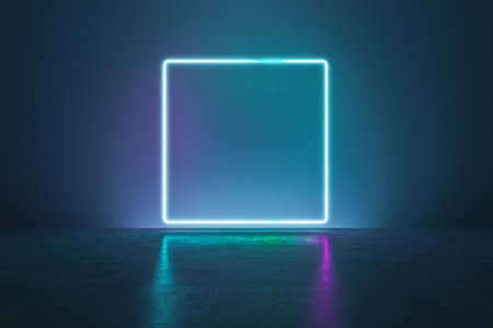 Front view on blank blue wall with purple smooth shadows and neon illuminated square figure with copyspace for your text in empty room with concrete floor. 3D rendering, mockupの写真素材