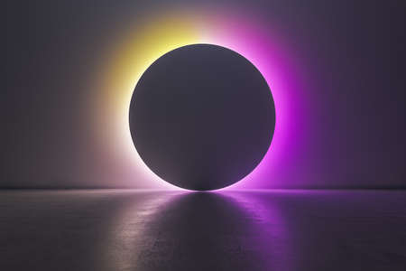 Front view on black blank round partition with copyspace for your text illuminated by yellow and...