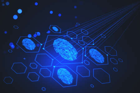 Creative digital fingerprint hologram on dark background with lines. Cyber data and access concept....