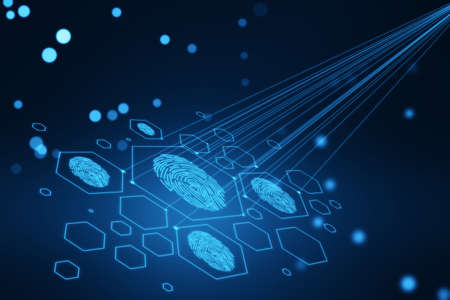 Creative digital fingerprint hologram on dark background with lines. Cyber data and access concept....