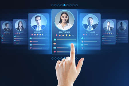 Human resources information system and specialist marketplace with human finger on digital touch...