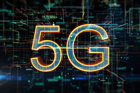 Front view on 5G digital glowing symbols on abstract technological background with speed indicators, 5G network wireless internet connection and communication network concept. 3D renderingの写真素材