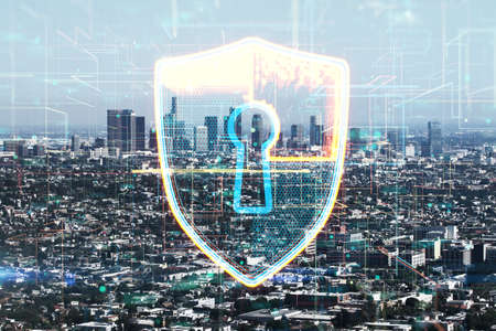 Cyber security and personal data protection concept with digital shield and keyhole inside icon on...