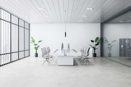 Modern concrete meeting room interior with furniture and equipment. 3D Rendering