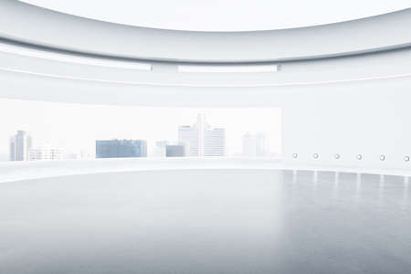 Bright open ceiling with sky view gallery interior with concrete flooring. Art and exhibition design concept. 3D Renderingの写真素材