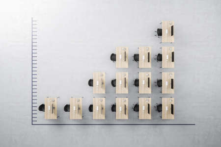 Top view of abstract office desk business graph on concrete background. Finance, interior and...