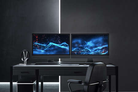 Contemporary concrete office interior with workplace, equipment and tech background on computer...