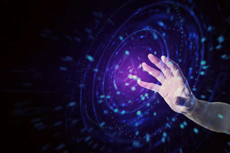 Innovation and future technology concept with man hand on virtual sensor screen with abstract button...