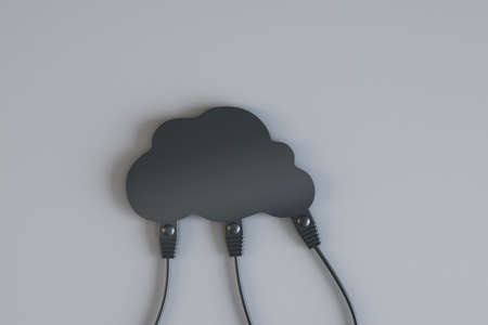 Cloud technology and data storage concept with black cloud and ethernet cables falling from it on abstract gray surface background. 3D renderingの写真素材