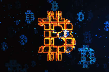 Cryptocurrency concept with orange glowing digital bitcoin sign on abstract dark technological...