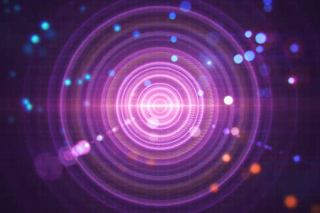 Creative blurry dark lens or round interface texture with grid and blurry bokeh circles. Space, sci fi and flare concept. 3D Renderingの写真素材