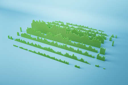 Abstract green business chart and graph on blue backdrop. Finance, report and banking concept. 3D...