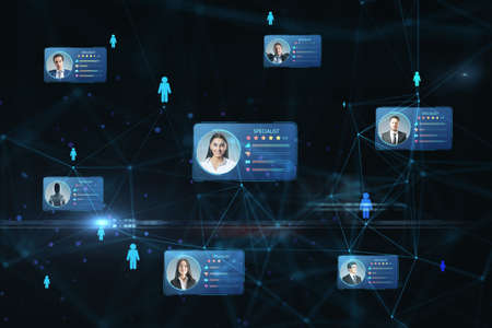 Freelance online service online concept with digital cards contain profile information and face...