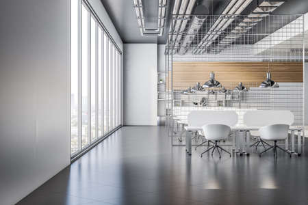 Side view on loft style open space office with dark glossy floor, lattice partitions between white...