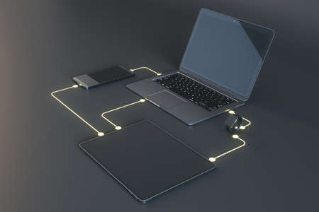 Wireless connection and cloud data exchange concept with perspective view on modern laptop,...