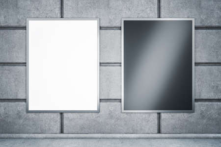 Abstract concrete tile wall with blank two black and white billboards. Ad, commercial and...