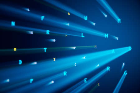 Abstract blue letter alphabet wallpaper with light rays. Digital transformation, technology and big...