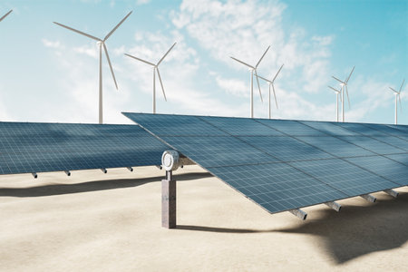 Alternative source of electricity and solar farm concept with solar panels on sand on windmills background. 3D renderingの写真素材