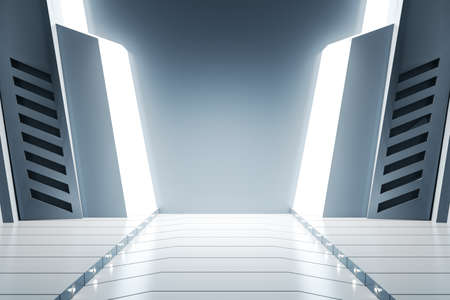 Modern futuristic spaceship interior with lights and mock up place on wall. Design and space concept. 3D Renderingの写真素材