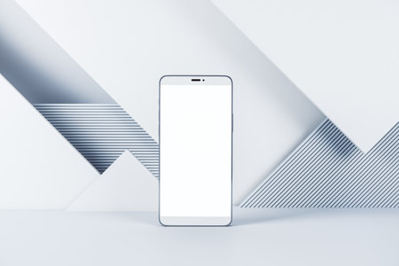 Close up of blank smart phone screen on white geometric wall background. Tech presentation and device concept. Mockup, 3D Renderingの写真素材