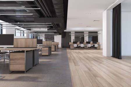 Luxury spacious hardwood and concrete coworking office interior with windows and city view, wooden...