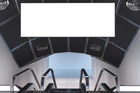 Creative metro interior with blank wide white billboard, mock up place and escalators. Tiled...