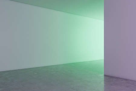 Perspective view on blank light wall with green backlit and place for advertising banner or poster...