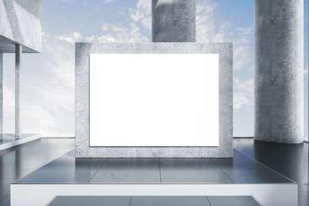 Creative modern concrete rooftop, penthouse or balcony exterior with empty white mock up billboard, bright blue sky view. Design and architecture concept. 3D Renderingの写真素材