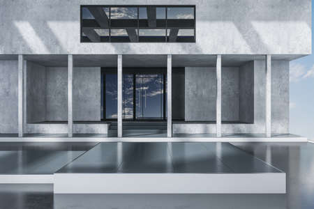 Creative contemporary concrete and glass rooftop, penthouse or balcony exterior with bright blue sky view. Design and architecture concept. 3D Renderingの写真素材