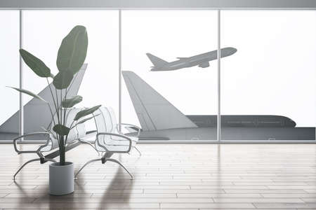 Creative airport waiting area interior with reflections on floor, wooden flooring, decorative...