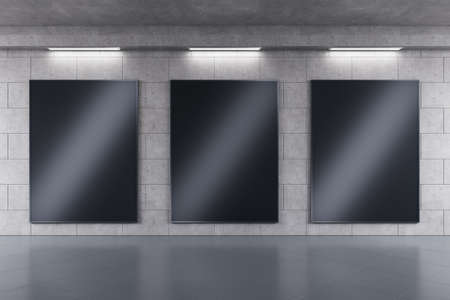 Empty three black screen banners with reflections in concrete tile urban underground interior....