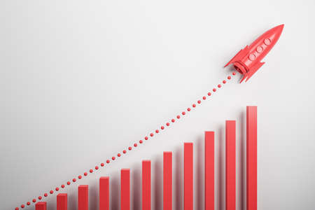 Startup and new project concept with red rocket flying up with dotted trajectory above rede growth...