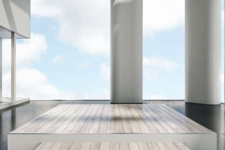 Creative modern concrete and wooden rooftop, penthouse or balcony exterior with bright blue sky...