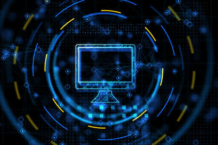 Computer network concept with digital computer design icon surrounded in abstract blue and yellow...