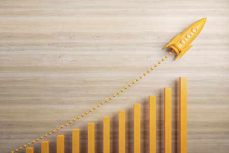 Abstract orange chart rocket taking off on wooden wall background with mock up place for your...