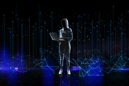 Hacker in hoodie using laptop computer with abstract polygonal lines on dark background. Big data, technology, metaverse and future conceptの写真素材