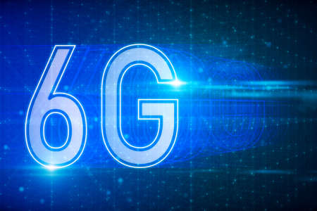 Creative glowing 6G hologram on blurry backdrop. Internet speed, future and communication concept,...